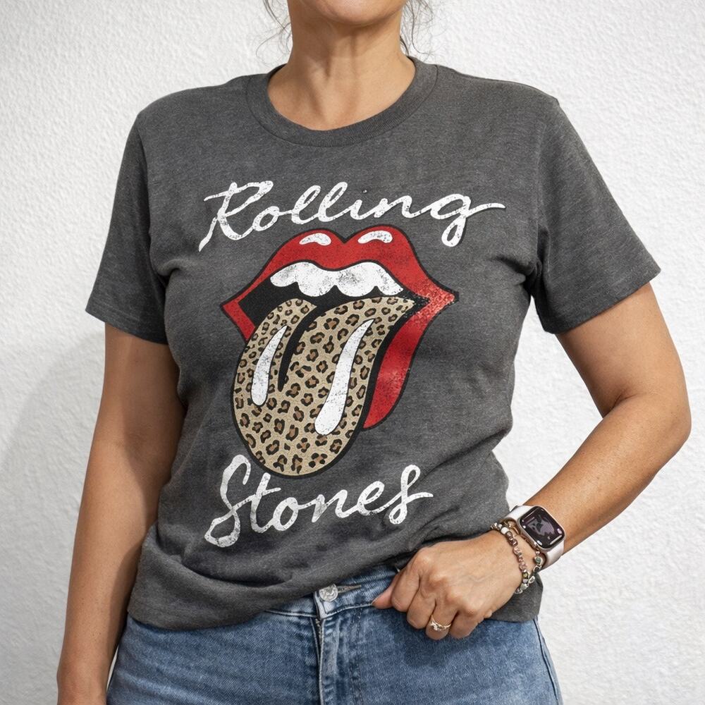 Rolling Stones Gray Leopard Tongue Graphic Short Sleeve Tee Sz M